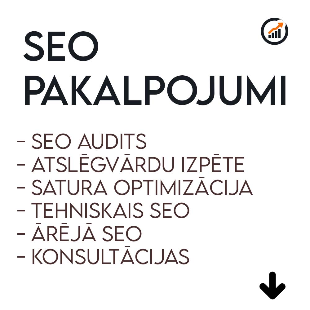 SEO pakalpojumi: SEO audits, Atslēgvārdu izpēte, Tehniskais SEO, Satura optimizācija un izveide, Linku veidošana, Vietējais SEO,  SEO atskaites un analītika.