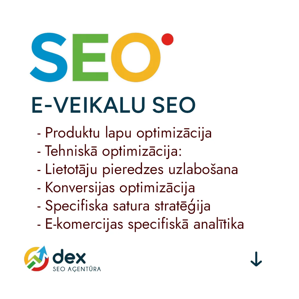 E-veikalu SEO optimizācija: Produktu lapu optimizādcija, Kategoriju lapu optimizācija, Konversijas uzlabošana.   